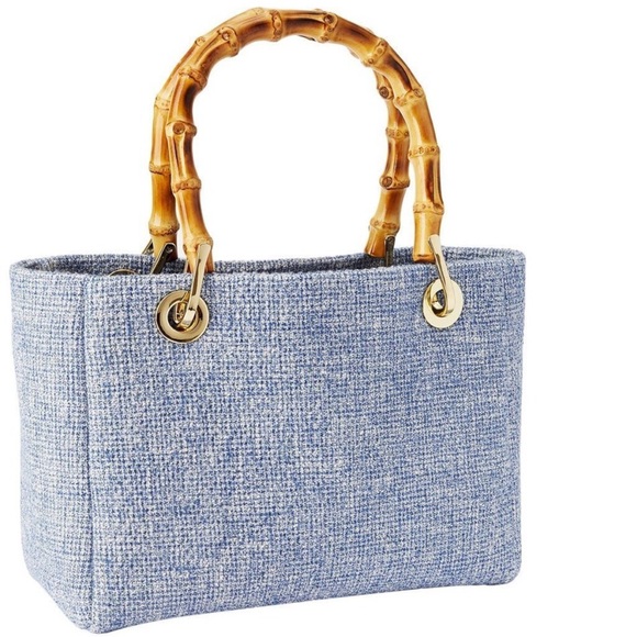 J Mclaughlin Handbags - J. McLaughlin Cindy blue tweed bamboo handles handbag Like New